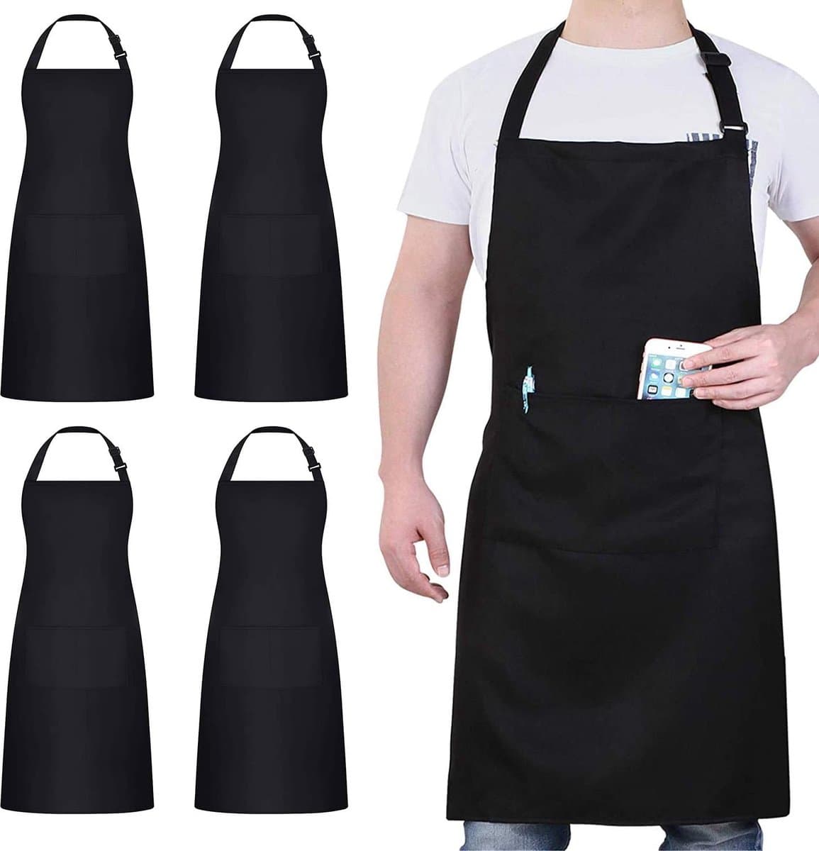 Set van 4 koksschort, zwarte schort voor heren dames, waterdichte schort met 2 zakken, verstelbare nekband schort voor keuken, koken, bakken, tuin, BBQ