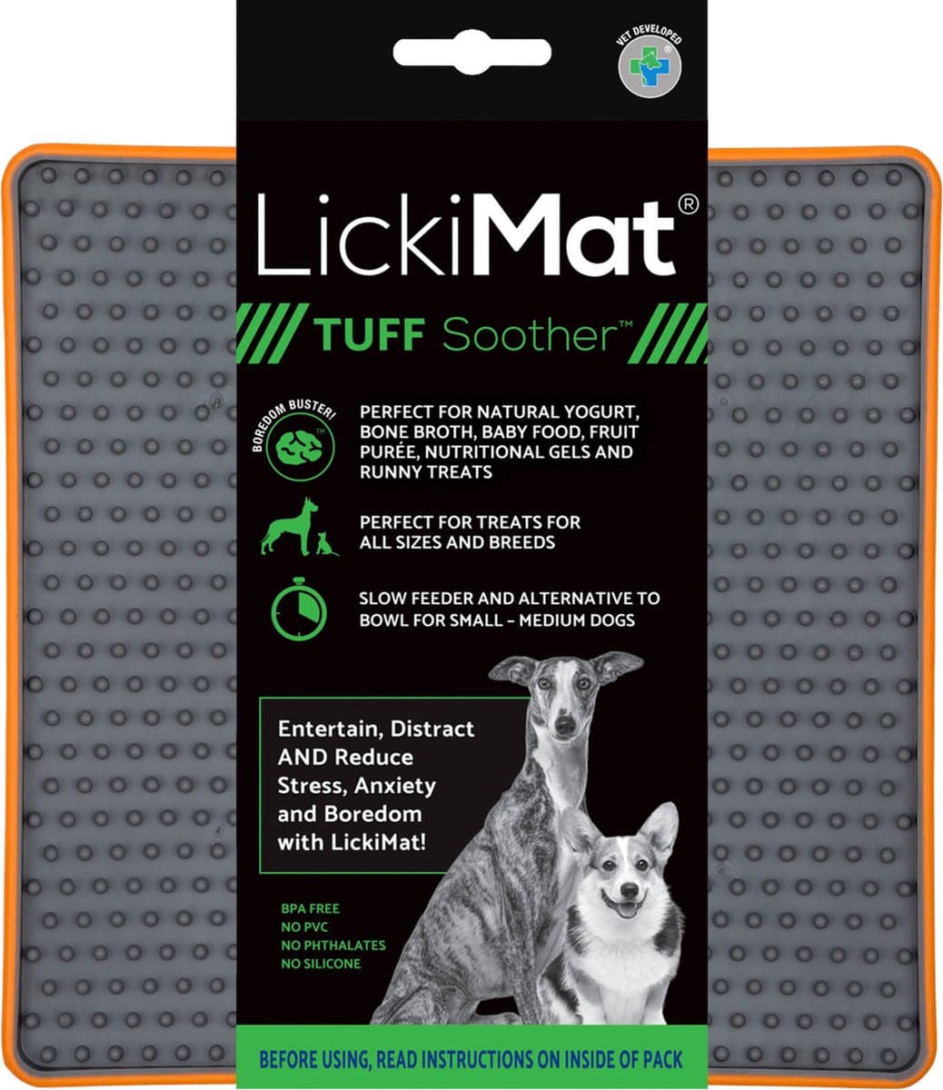Lickimat Soother Tuff - Reducerende Stress Voermat 20x20 cm - Hondenvoerbak - Oranje&Grijs