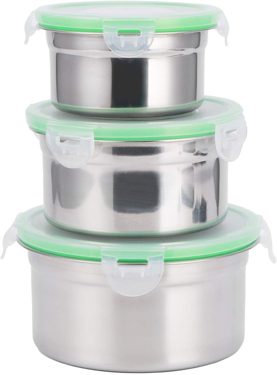 ZEYNOMAX- Voedselcontainer 3 Stuks - RVS - Lekvrij - Koelkast Bewaar Kom - Lunch Box - Camping Reis - Diameter 15/13/11 cm - Lunchbox