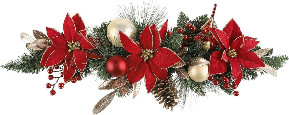 Kunstkerstdecoratie met dennennaalden, rode bessen en kerstballen - 61 cm lange swag met kerstster voor wand- en deurdecoratie