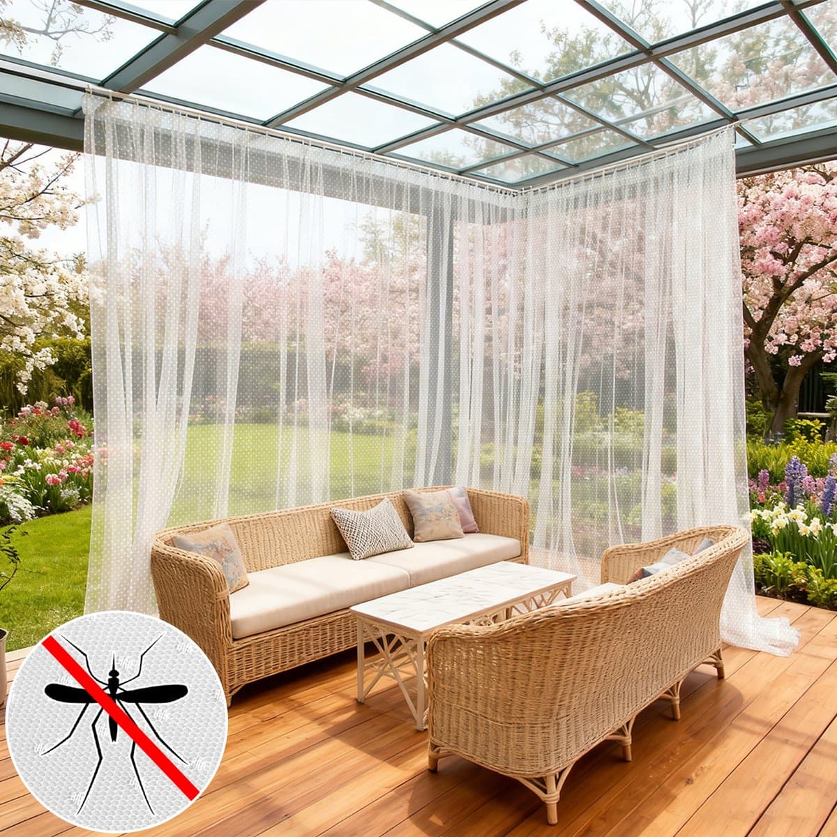 Qelus Buitengordijn Waterafstotend - Vitrage - Vliegengordijn met Tunnelzoom - Decoratief Anti-Muggennet met Polka Dots - Patio & Veranda - Wit - 1 Stuk - 155x274cm