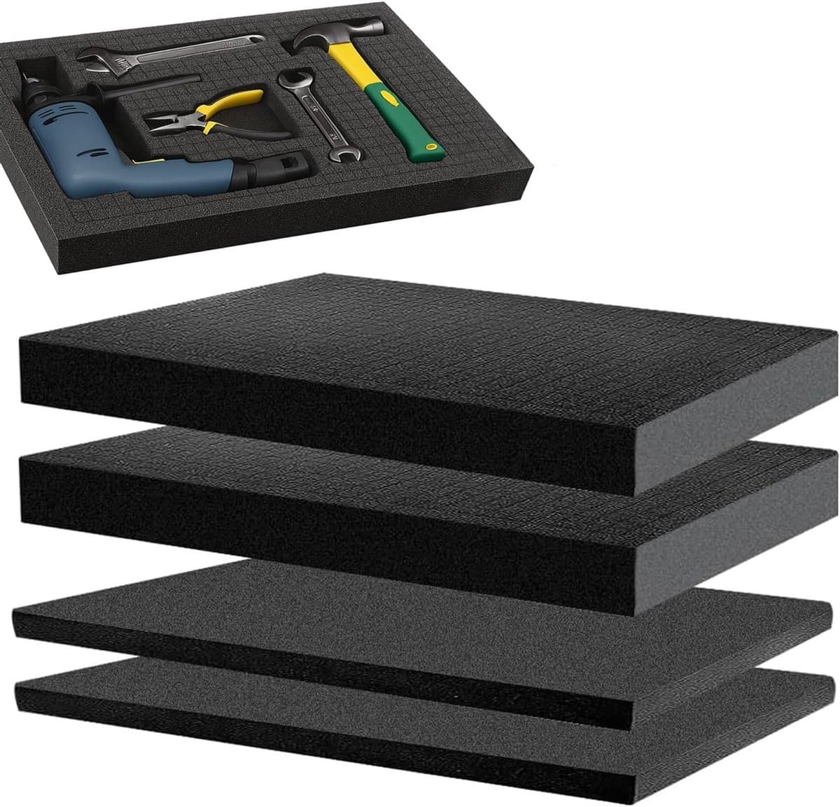 Set van 4 zwarte grid schuimstukken: 2 stuks 405 x 305 x 25 mm en 2 stuks 405 x 305 x 10 mm, ideaal voor bescherming van camera's, tablets en gereedschap.