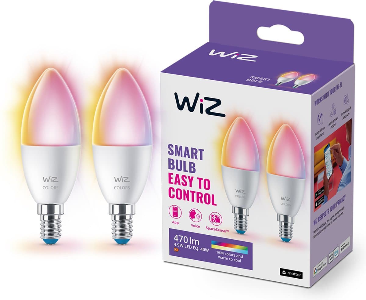 WiZ Kaarslamp - Wit en Gekleurd Licht - E14 - 2-pack