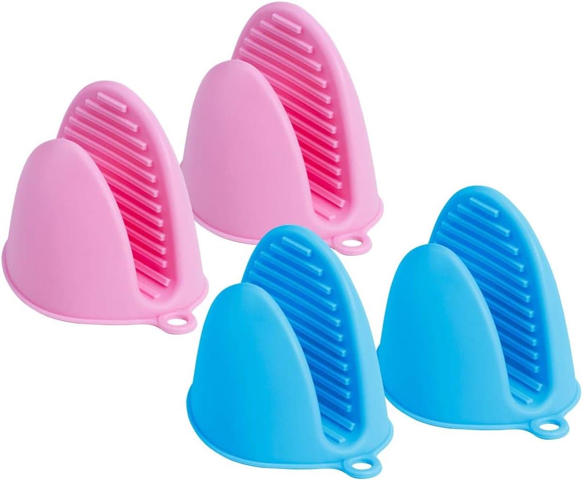 Set van 2 Paar Hittebestendige Silicone Ovenwanten - Mini Keukenhandschoenen voor Barbecue, Koken en Bakken (Blauw + Roze) - Duurzame Thermische Isolatie