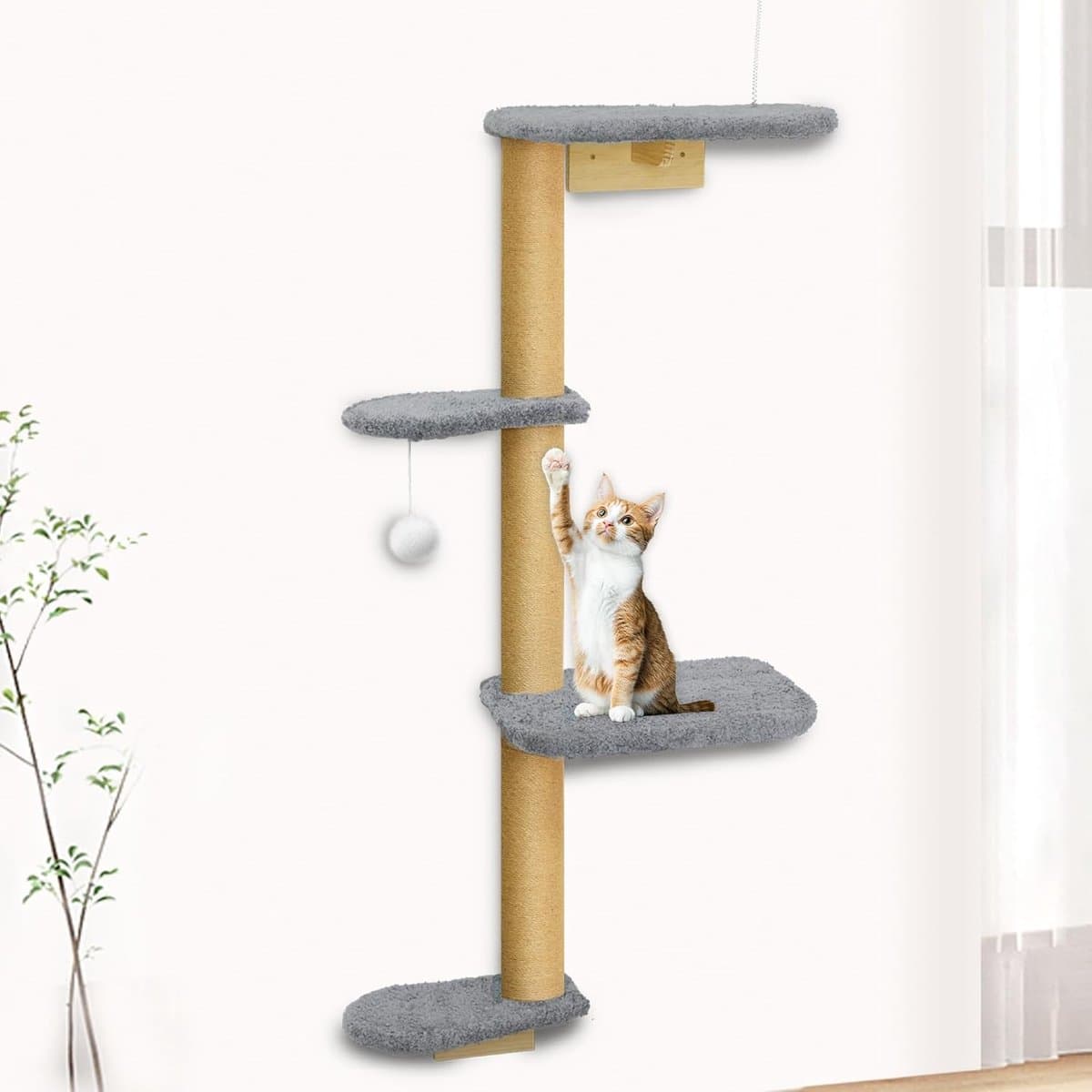 Kattenboom, muur, groot, 210 cm, krabpaal, katten, klimwand, 5 niveaus, van natuurlijk hout met zachte grijze pluche stof, kattenkrabpaal voor katten om te klimmen, te krabben en te spelen