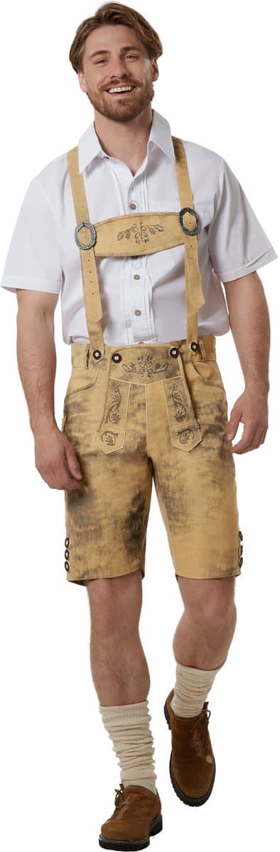 dressforfun - Authentieke Lederhosen Luis - Met Bretels - Antiek Bruin - Kunstleer - 58 - Oktoberfest Kleding Man - Herenkostuum - Verkleedkleding - Duitse Klederdracht - Carnavalskleding - Klederdrachtvest - Traditionele Kunstleren Broek
