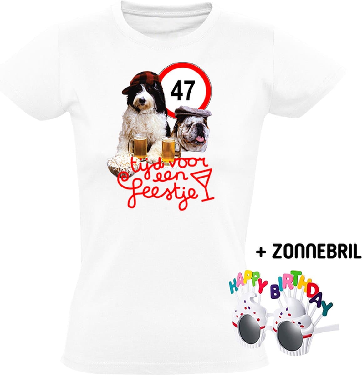 47 Jaar Tijd voor een Feestje Dames T-shirt - Inclusief Happy Birthday zonnebril - 47e verjaardag - shirt kado - jarig