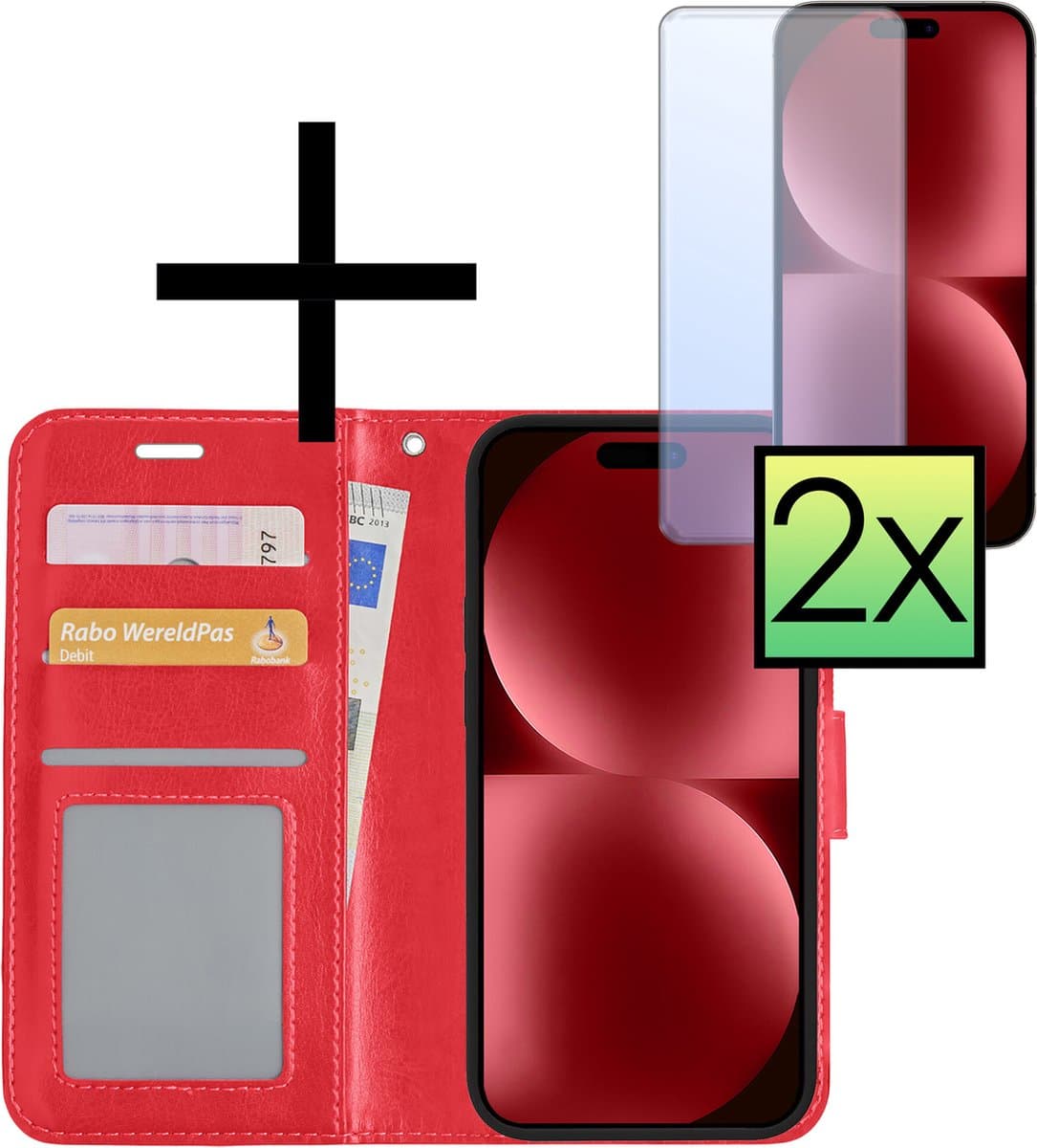 Hoesje - Met 2x Screenprotector - Geschikt voor Apple iPhone 15 Pro - Luxe Pasjeshouder - Bookcase Portemonee - Flip Case - Kunstleer Book Case - Flipcase Hoes - Book Cover - Walletcase - Portemonneehoes - Donkerroze