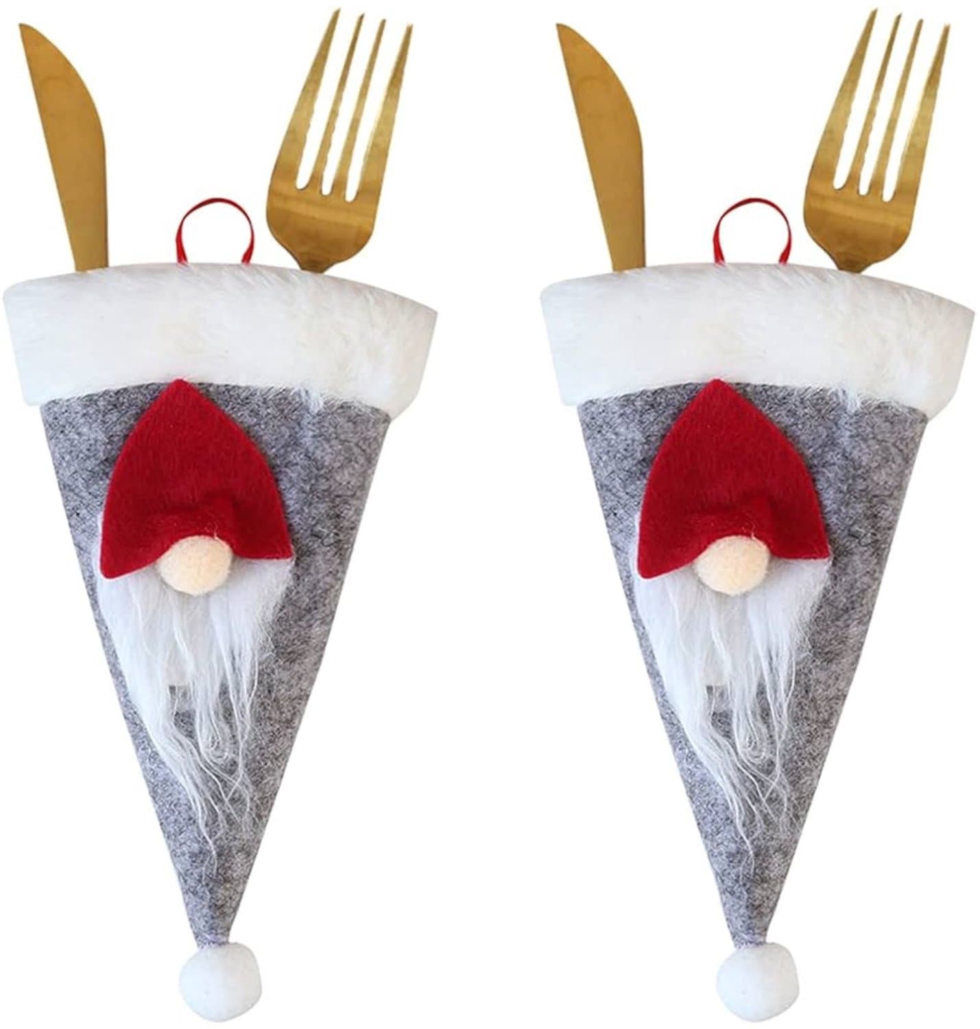 Kerst Kabouters Hangers voor oa bestek – Set van 2 – Grijs met Rode Muts – 9 x 17 cm – Scandinavische Kerstdecoratie
