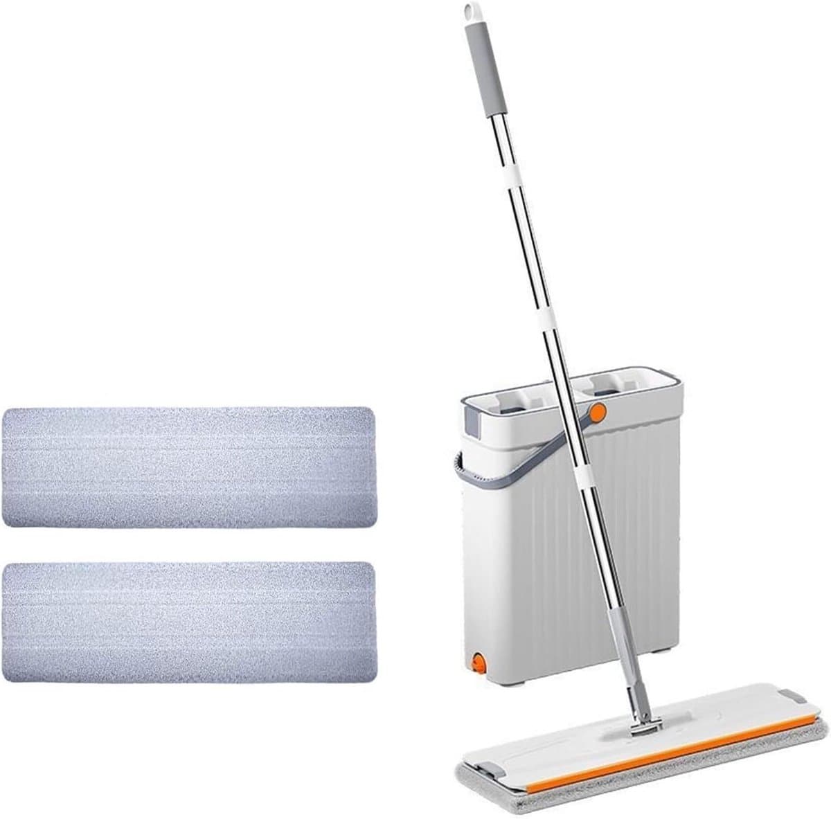 Vlakke Dweil met Emmer - Platte Dweilset - Vloeren Reinigen - Handsfree Wring Systeem - 1 Set - Grijs