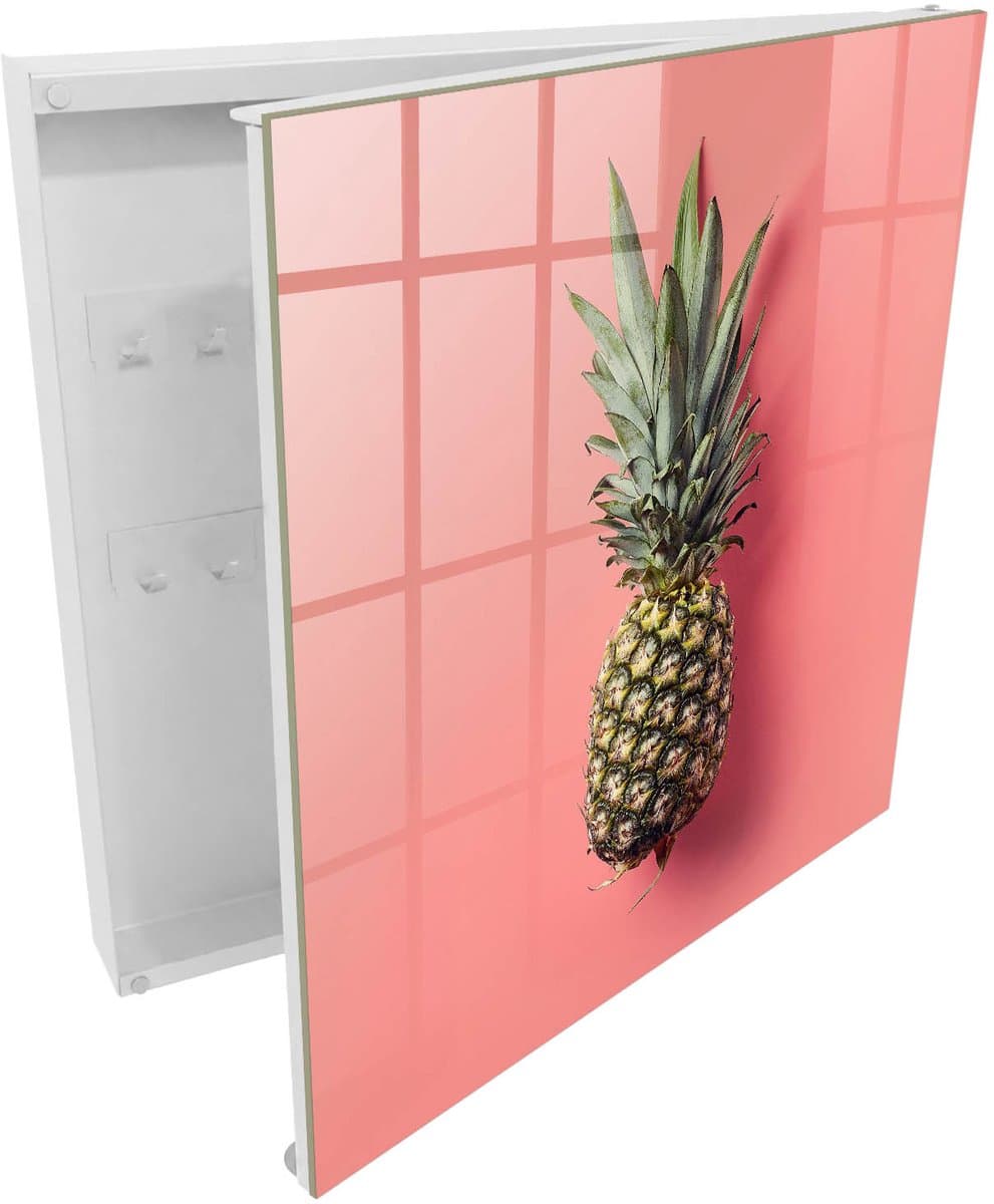 Tulup Sleutelkast - Exotische Ananas Sleutelbox - 30x30x5 cm - Wit interieur - Sleutelkastje Voor Binnen met 50 haken - Roze - Rechtsopenend