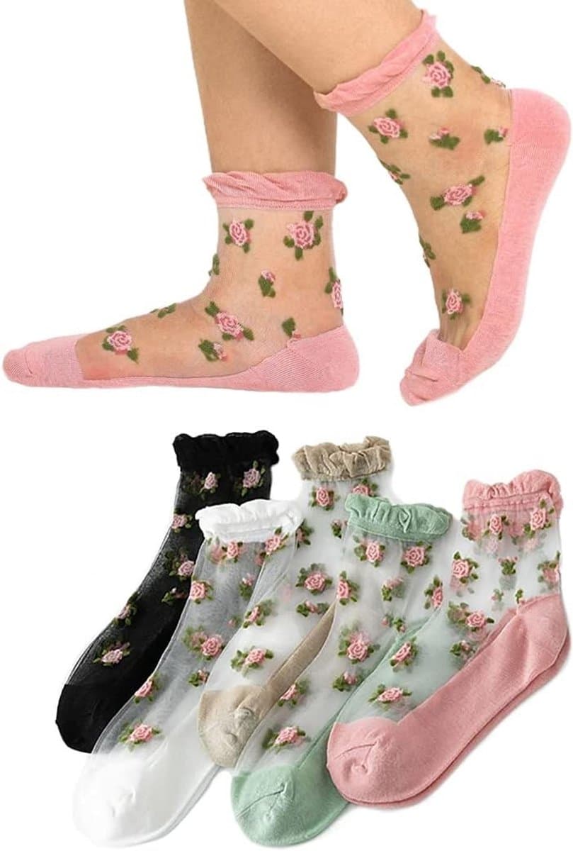 Vintage Enkel Sokken met Roze Bloemen en Mesh Ontwerp voor Dames en Meisjes - Casual en Ademend (5 Paar)