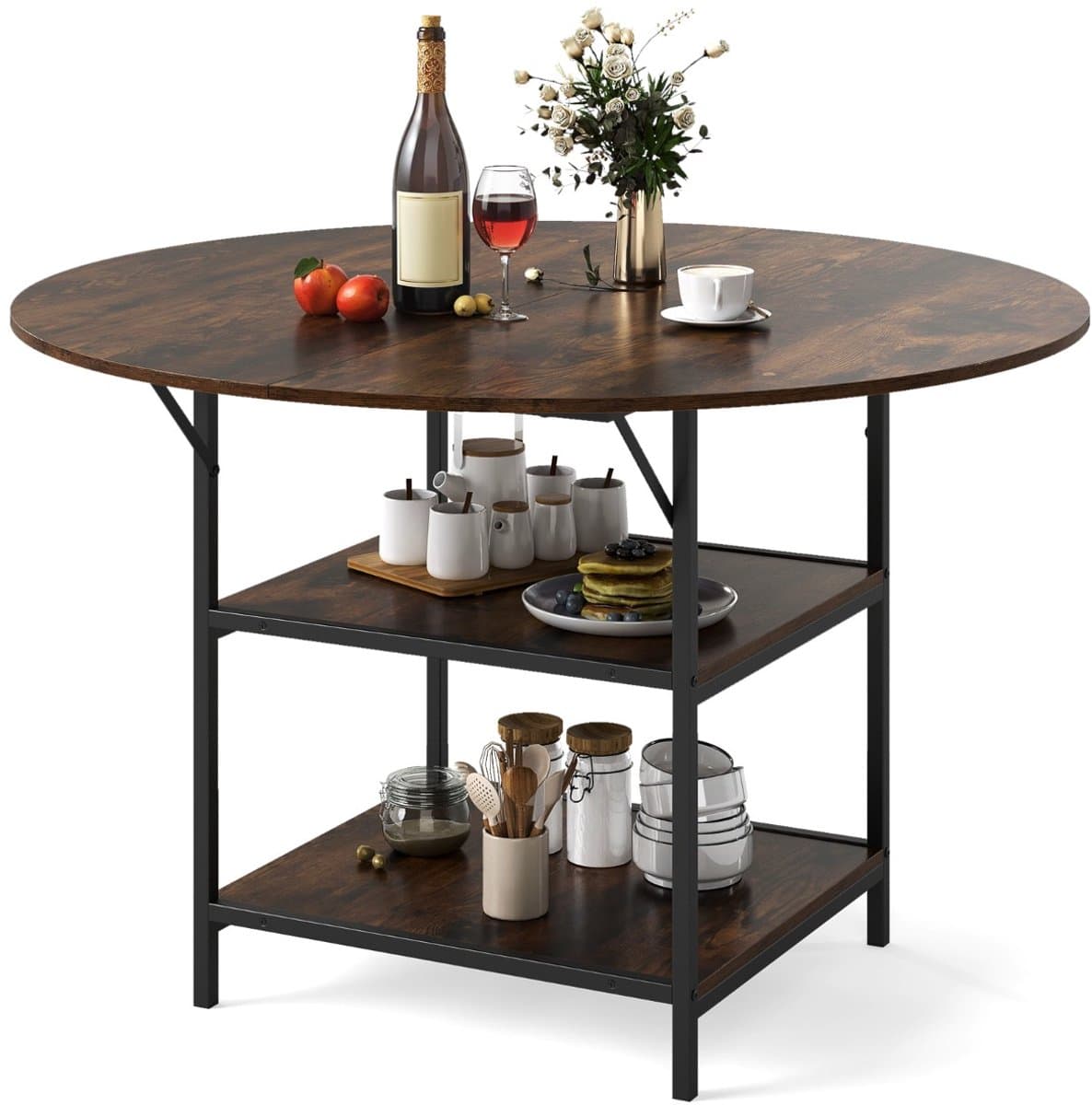 SureDeal® - Eettafel - Rond - Personen Landhuiskeukentafel - 2-laags Open Opbergvak - Metalen Onderstel Bruin - 120x76 cm - Koffiebruin