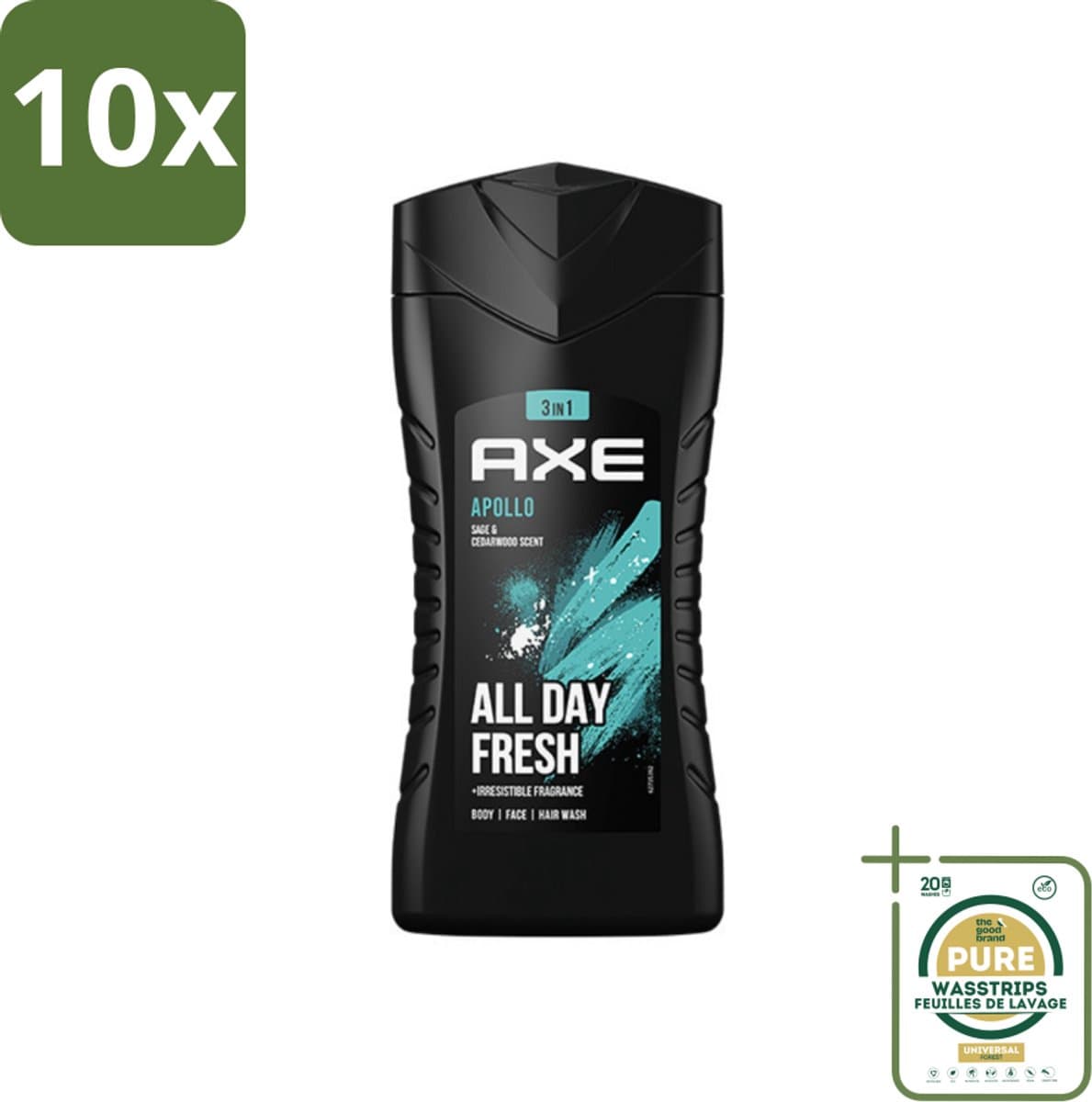 10 x Axe - 3-in-1 Douchegel - Apollo - Sage & Cedarwood - 250 ml - Grootverpakking - Axe Apollo Douchegel - 3-in-1 Douchegel - Mannelijke Geur - Cederhout Geur - Groen Fruit Geur
