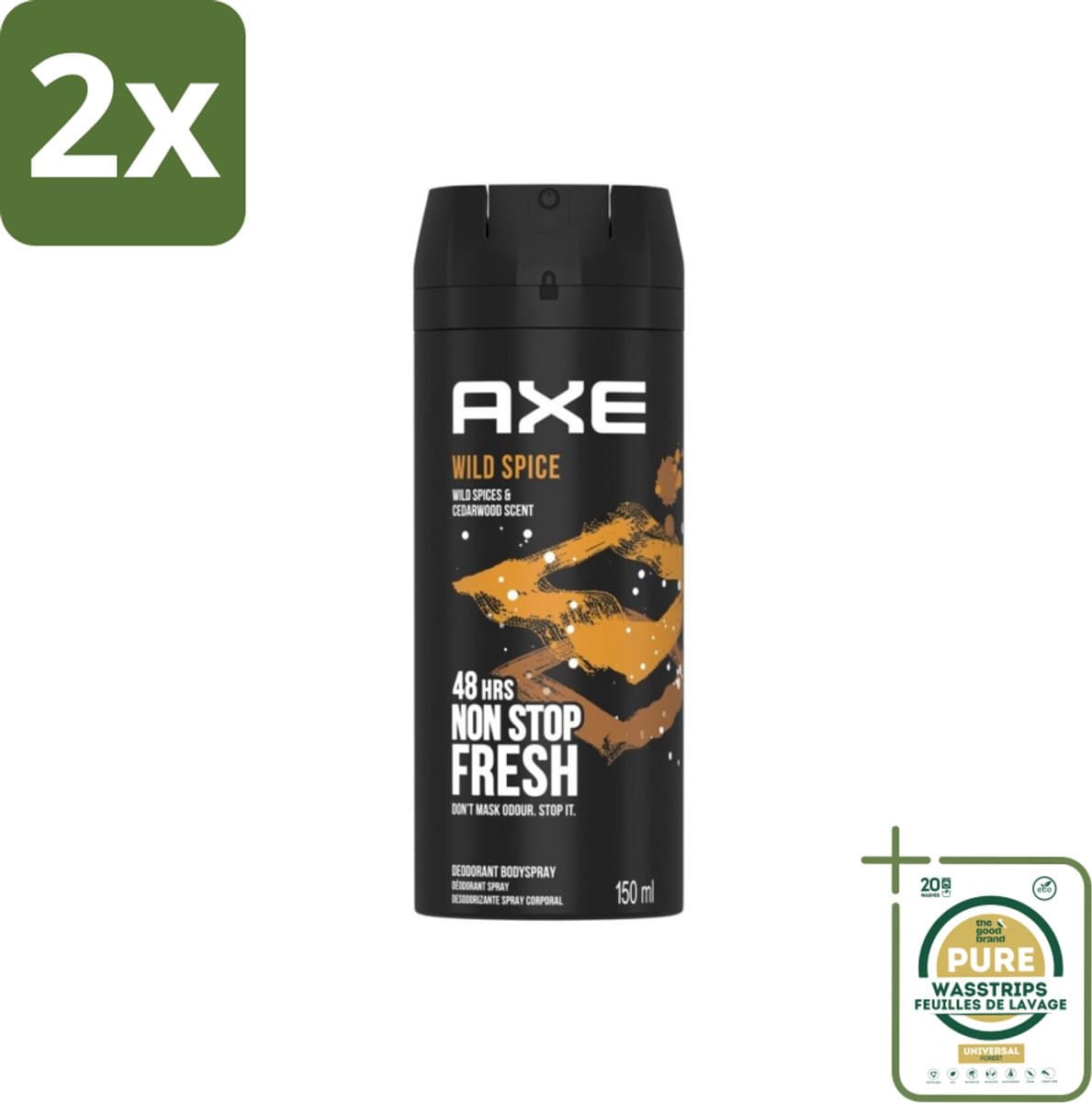 Axe - Deodorant Bodyspray - 48hrs Non Stop Fresh - Wild Spice - Wild Spices & Cedarwood - 150 ml - Voordeelverpakking - 2 stuks - Cederhout Geur - Mannen Deodorant