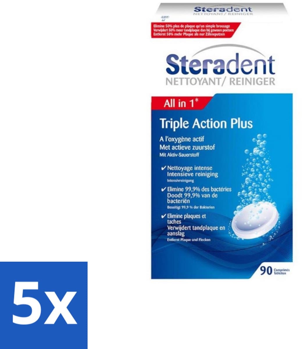 Steradent - Kunstgebitreiniger - Tegen Tandplak En Aanslag - 90 Tabletten - Bulkverpakking - 5 stuks