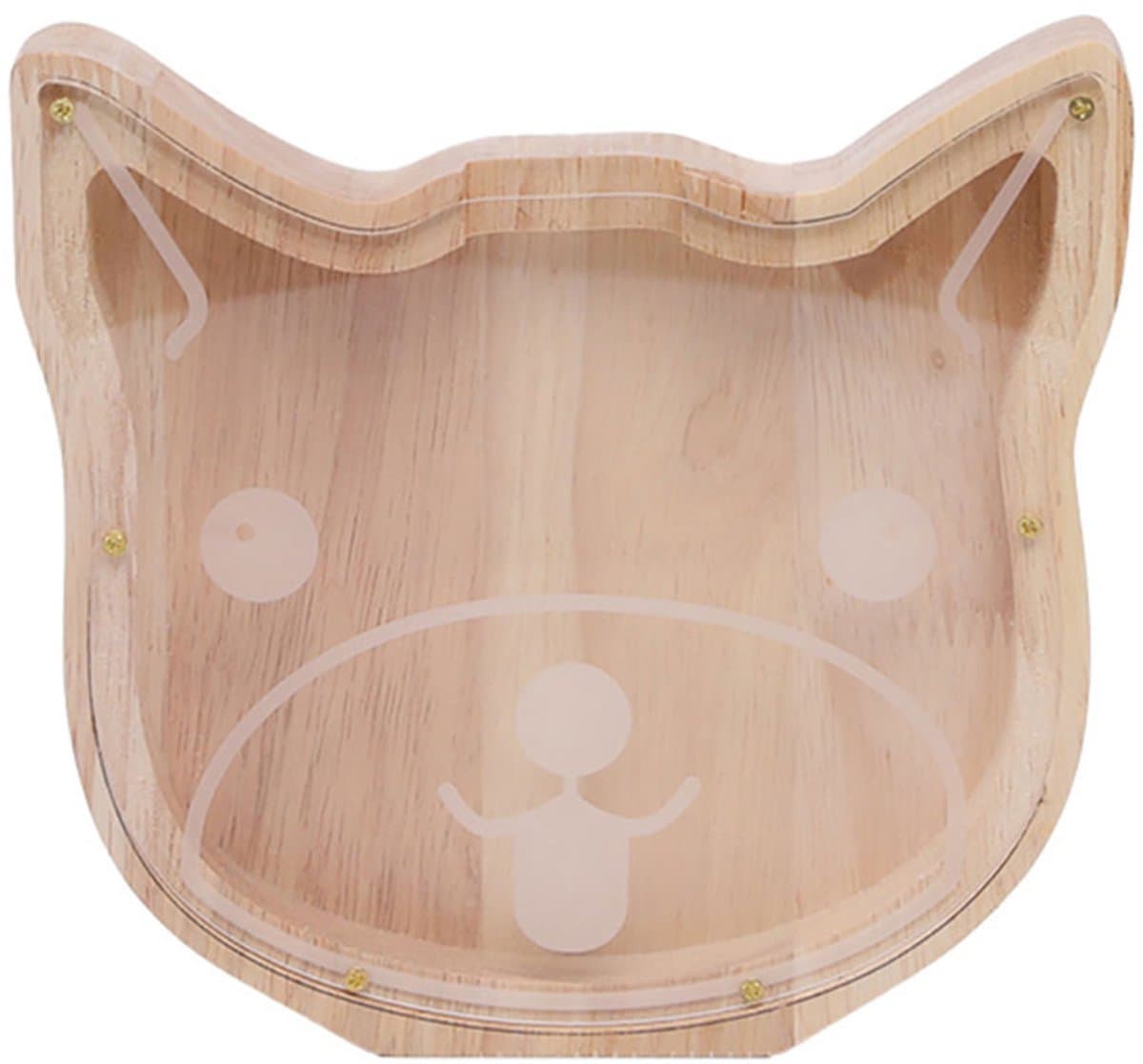 TechKidz, Houten Spaarpot Kattenkop met plexiglas voorkant, Beige
