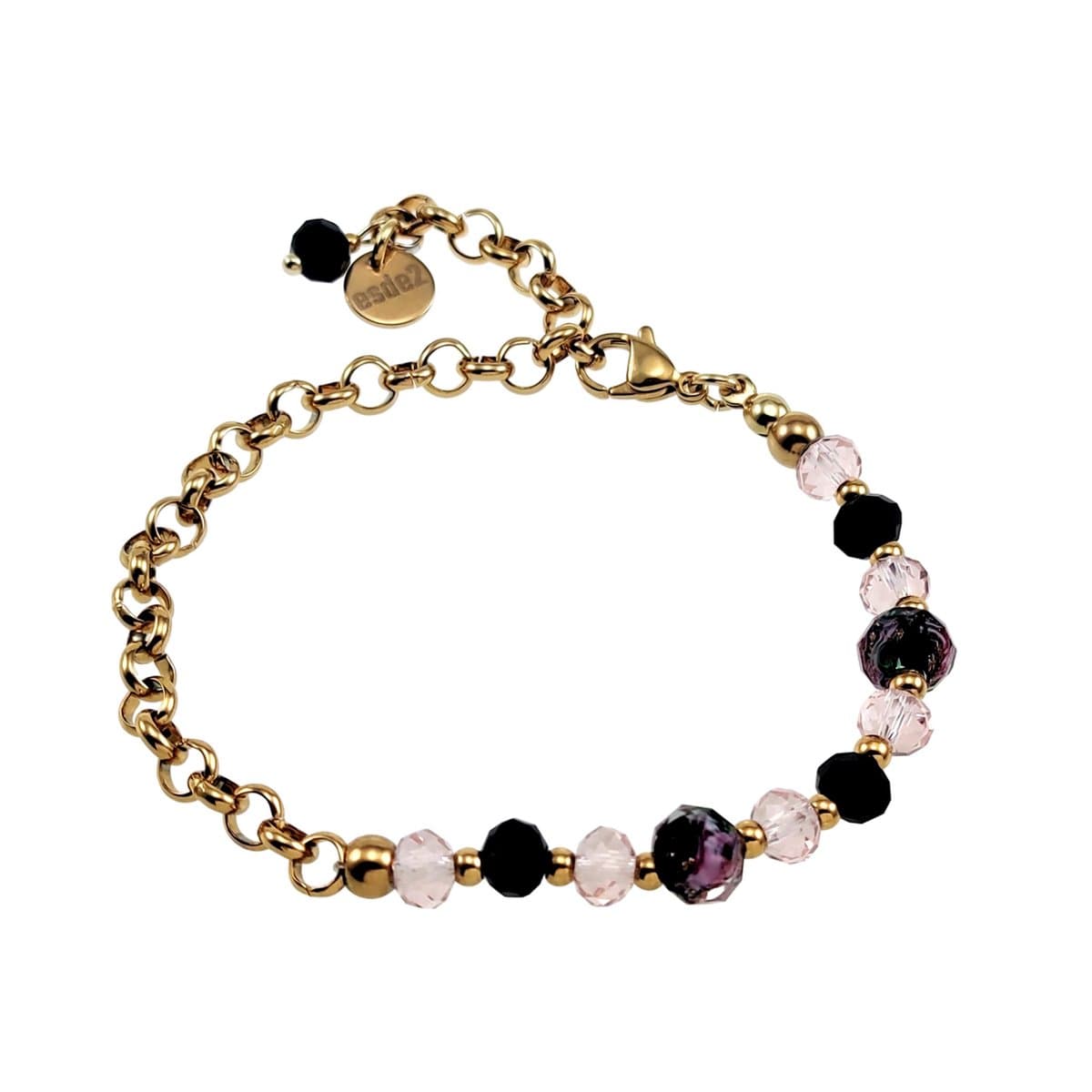 16 - 20cm Armband Dames - Verguld RVS - Ronde Schakelarmband met Zwart-Roze Kristallen en Murano Glaskralen - Verstelbaar