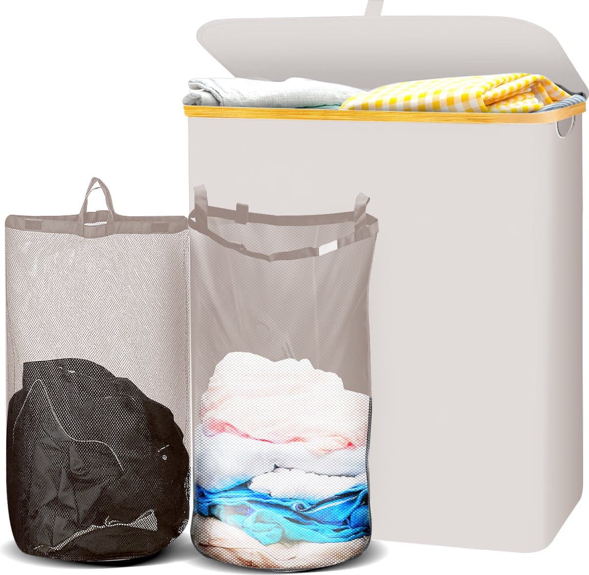 Lugia Wasmand - 2 Waszakken - 141L - Natuurlijk Bamboe - Wasmand met Deksel - Wassorteerder - Beige