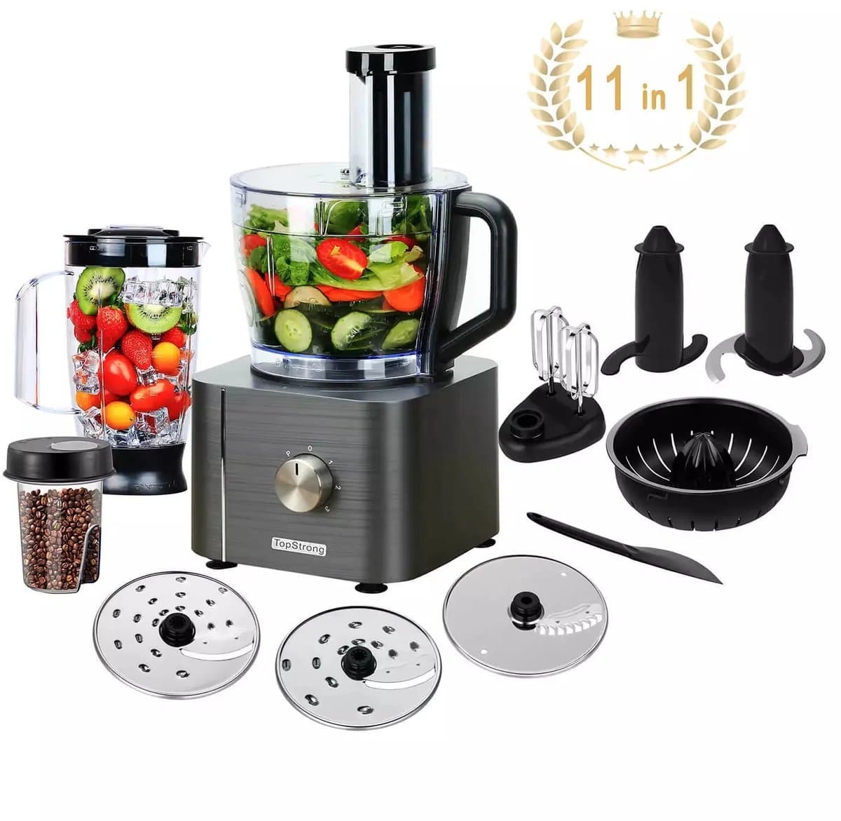 TopStrong - 1100W Keukenmachine YYFP405 – 3,2L + 1,5L – 3 Snelheden : dark grey