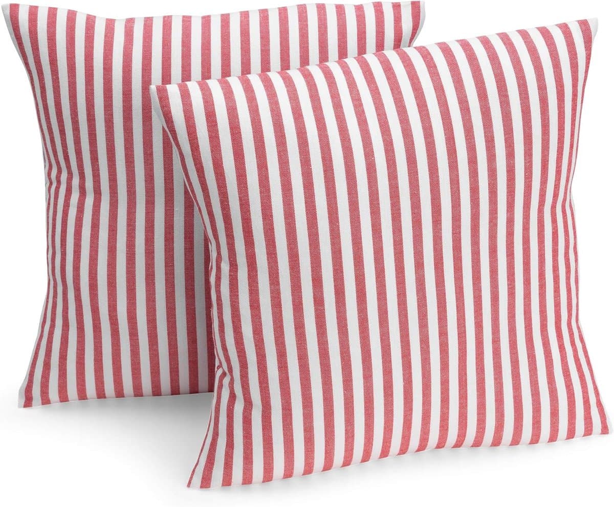Kussenhoes Set - Sierkussenhoes Bankkussen - Woonkamer Decoratie - 100% Katoen - 40 x 40 cm - Rood Wit Gestreept
