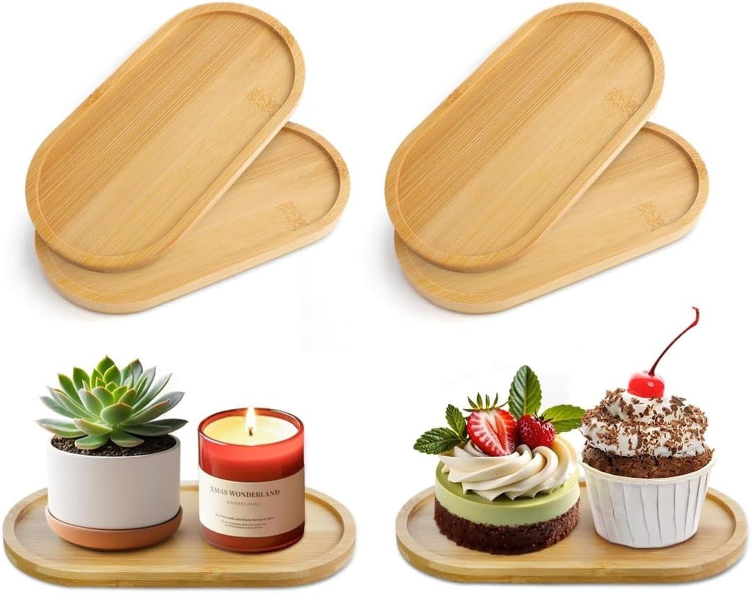 Ovalen houten serveerplateau van bamboe, decoratief tablett voor koffie, dessert en thee, 17,5 x 9 x 1 cm