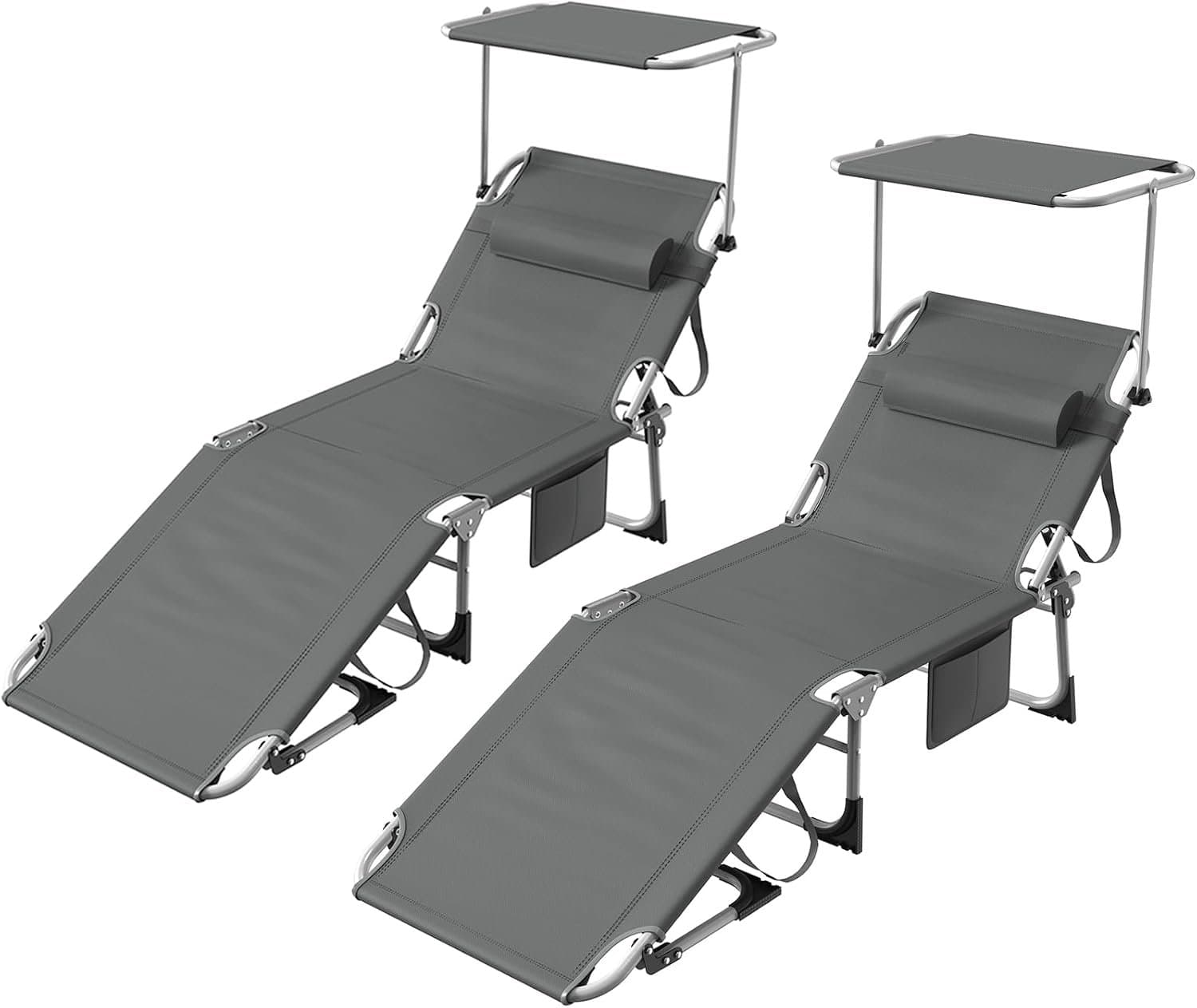 Set van 2 ligstoelen met dak en hoofdkussen, extra breed, 195 x 69 x 29 cm, met verstelbare zijzak, tuinligstoel, licht, strandstoel, draagbaar voor zwembad, hoogwaardige stoffen, antraciet