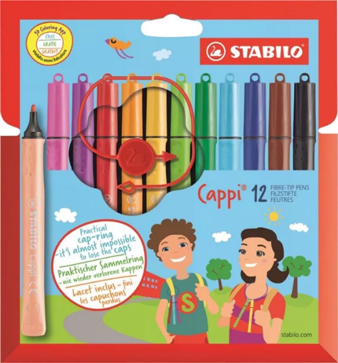 STABILO Cappi - Viltstift - Nooit Meer Je Dop Kwijt Dankzij De Dopring - Etui Met 12 Kleuren + 1 Dopring
