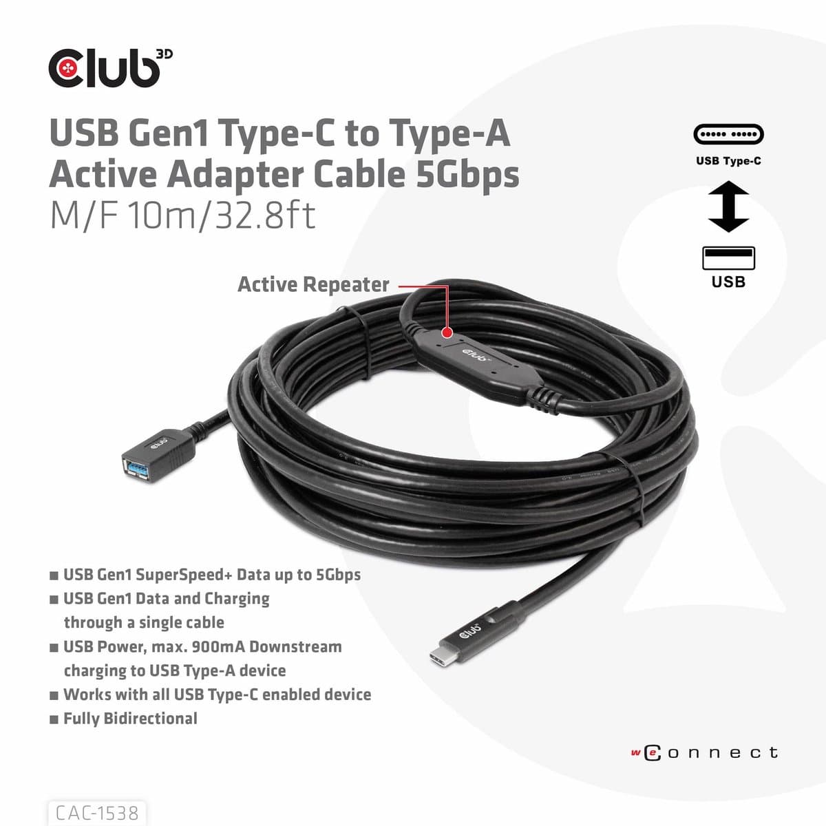Club 3D Actieve USB-C®-naar-A-adapterkabel 5 Gbps (mannelijk/vrouwelijk) 10 m/32,8 ft