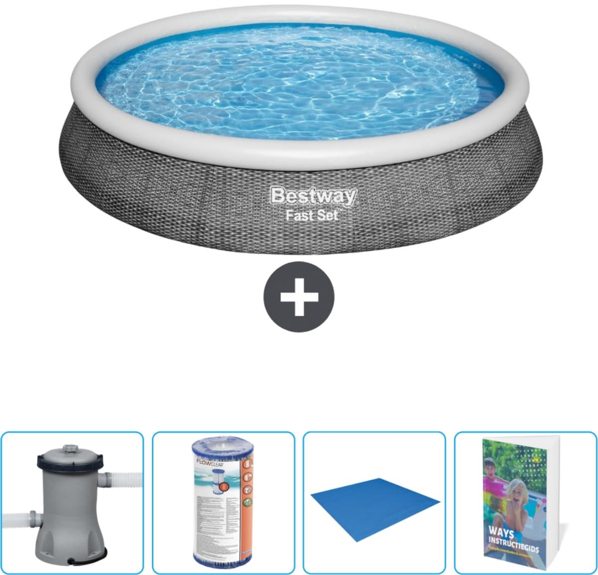 Bestway Rond Opblaasbaar Fast Set Zwembad - Rotanprint - 396 x 84 cm - Inclusief Pomp Filter - Grondzeil - Zwembadgids