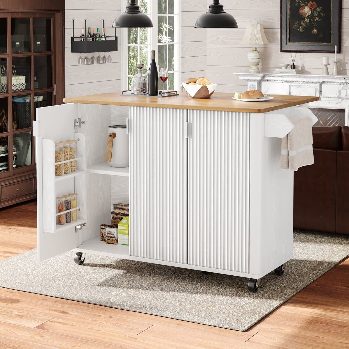MIVRAY Keukeneiland - Uitschuifbaar Met Wielen En 3 Deuren - Voor Keuken En Eethoek - MDF Wit - 130x45x92 Cm