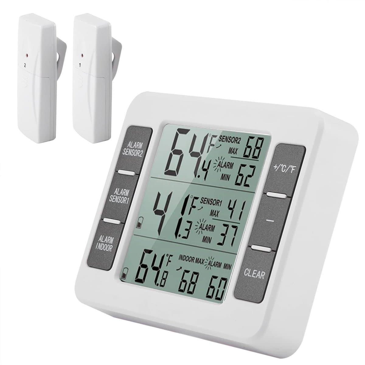 OmGoods - Dailygoody - Temperatuurmeter - Koelkastthermometer - Draadloos met Akoestisch Alarm - LCD-display - Buitenthermometer - Voor Binnen en Buiten - 2 Sen