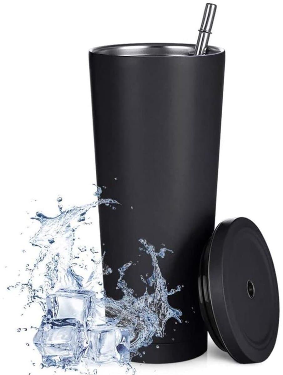 Reisbeker van 750 ml, dubbelwandige roestvrijstalen beker, vacuümgeïsoleerde waterfles, geïsoleerde water-/koffiebeker, dubbelwandige beker met rietje, borstel en deksel, tweedelige set (zwart).