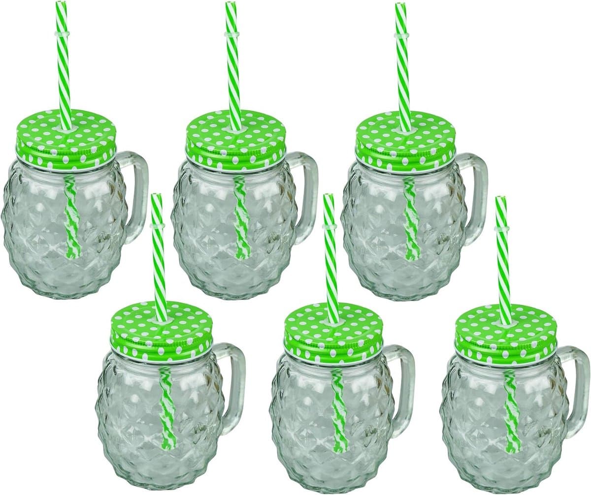 Set van 6 Drinkglazen met Rietje en Deksel in Ananas Design - 400 ml