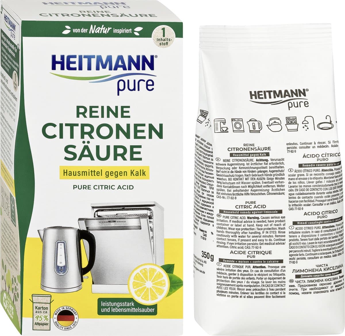 HEITMANN pure Ontkalker- Citroenzuur Ontkalker, Natuurvriendelijke Kalkreiniger voor een Hygiënische Reiniging - poeder, 1x 350 g