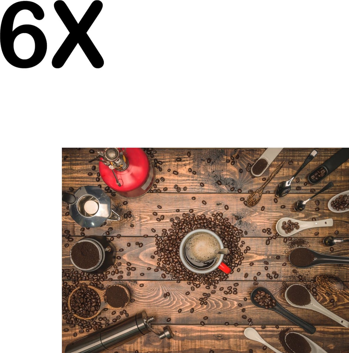 BWK Textiele Placemat - Koffie molens en Schepjes - Set van 6 Placemats - 35x25 cm - Polyester Stof - Afneembaar