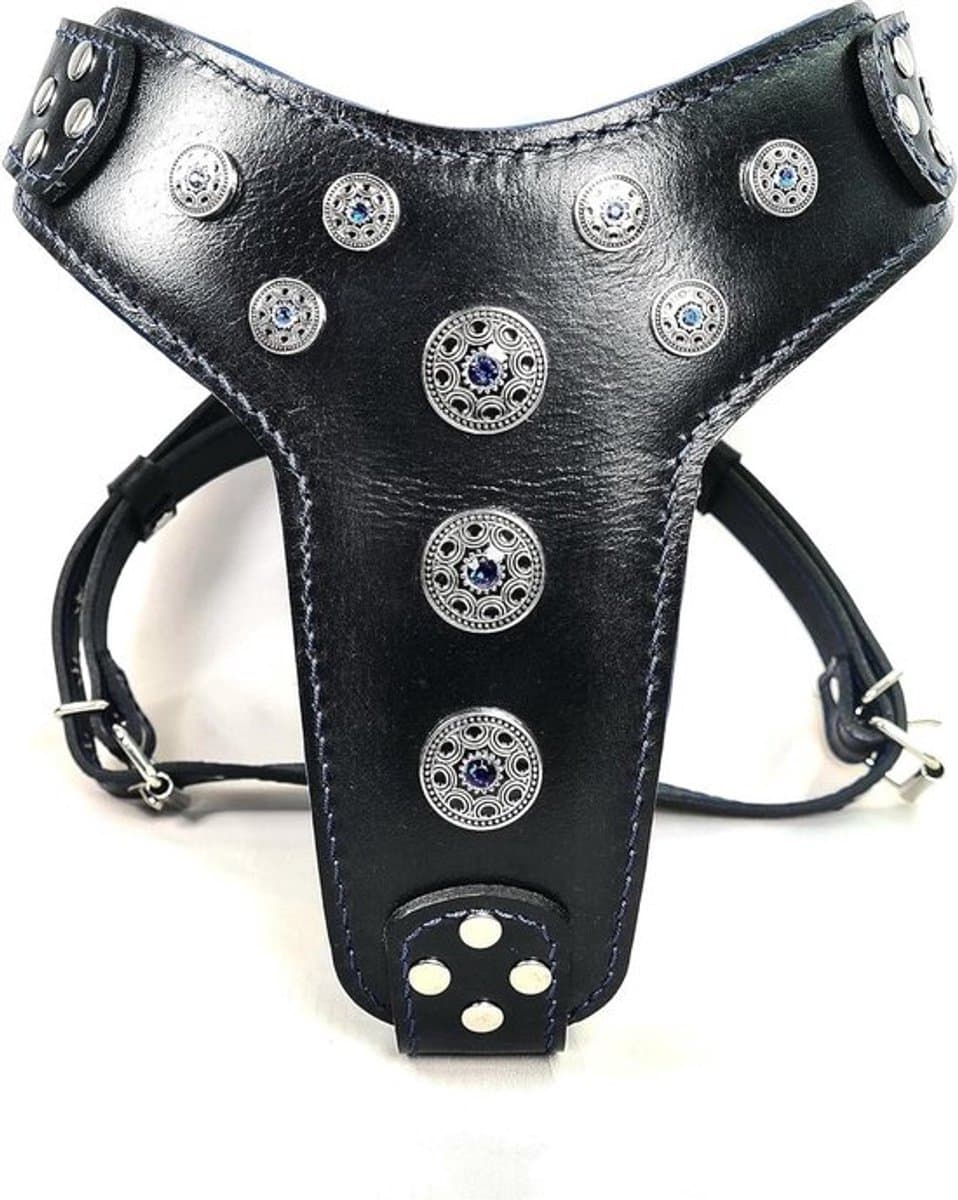Hondentuig Leer - Honden Harnas - Comfortabele Wandelingen - Handgemaakte Kwaliteit - Borstomvang 60-115cm - Zwart Blauw