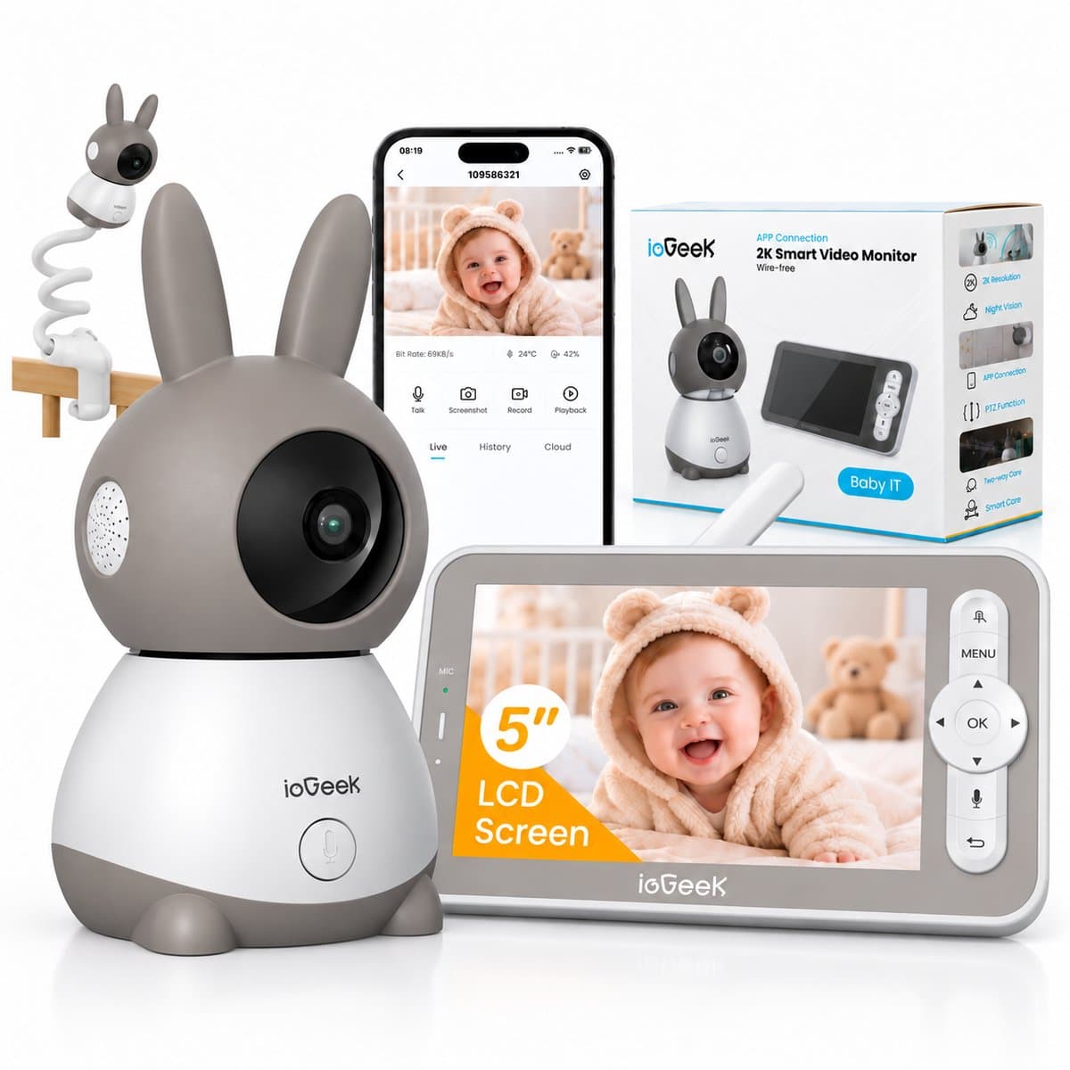 ieGeek 2K Babyfoon met Camera - 5″HD WiFi Video Babyfoon met App - PTZ 360° - Nachtzicht - Bewegingsdetectie - Automatische Bewegingsvolging - Huildetectie - Uitbreidbaar tot 4 camera's - Inclusief Flexibele Houder