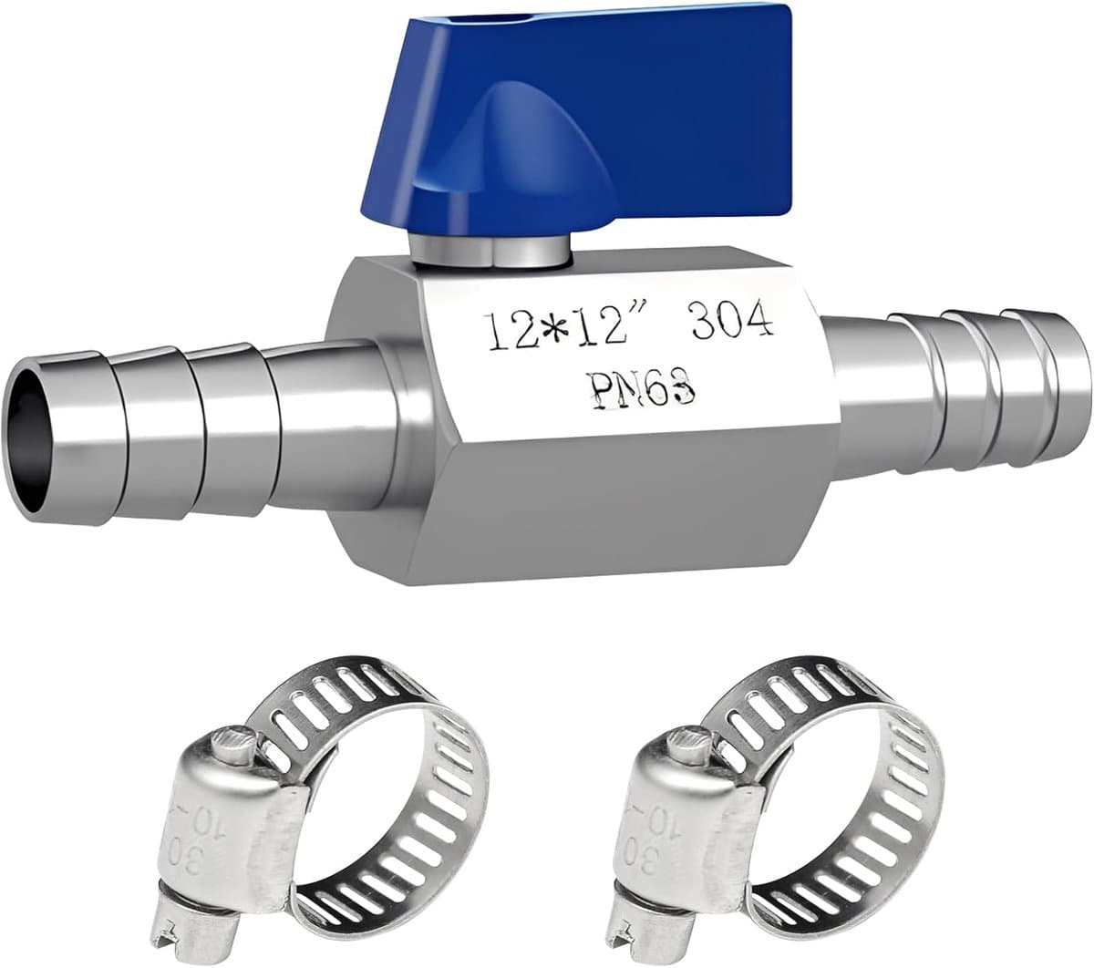 12MM kogelkraan met weerhaak, 304 roestvrijstalen kogelkraan, 12mm weerhaak afsluitventiel pagodegewricht tuinarmatuur, mini kogelventielen met 2 slangklemmen voor water, gas, olie, brandstof