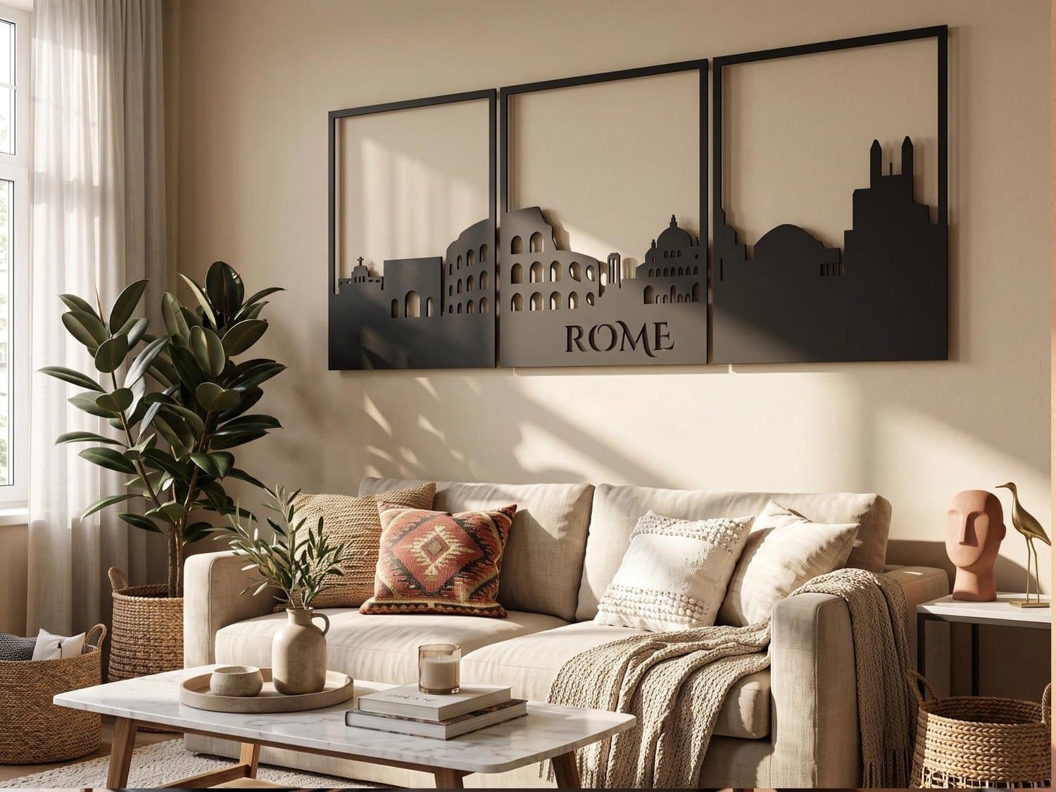 Vailla Rome Skyline Wanddecoratie, 3-delige Italiaanse Stadsilhouet – 126 x 50 cm