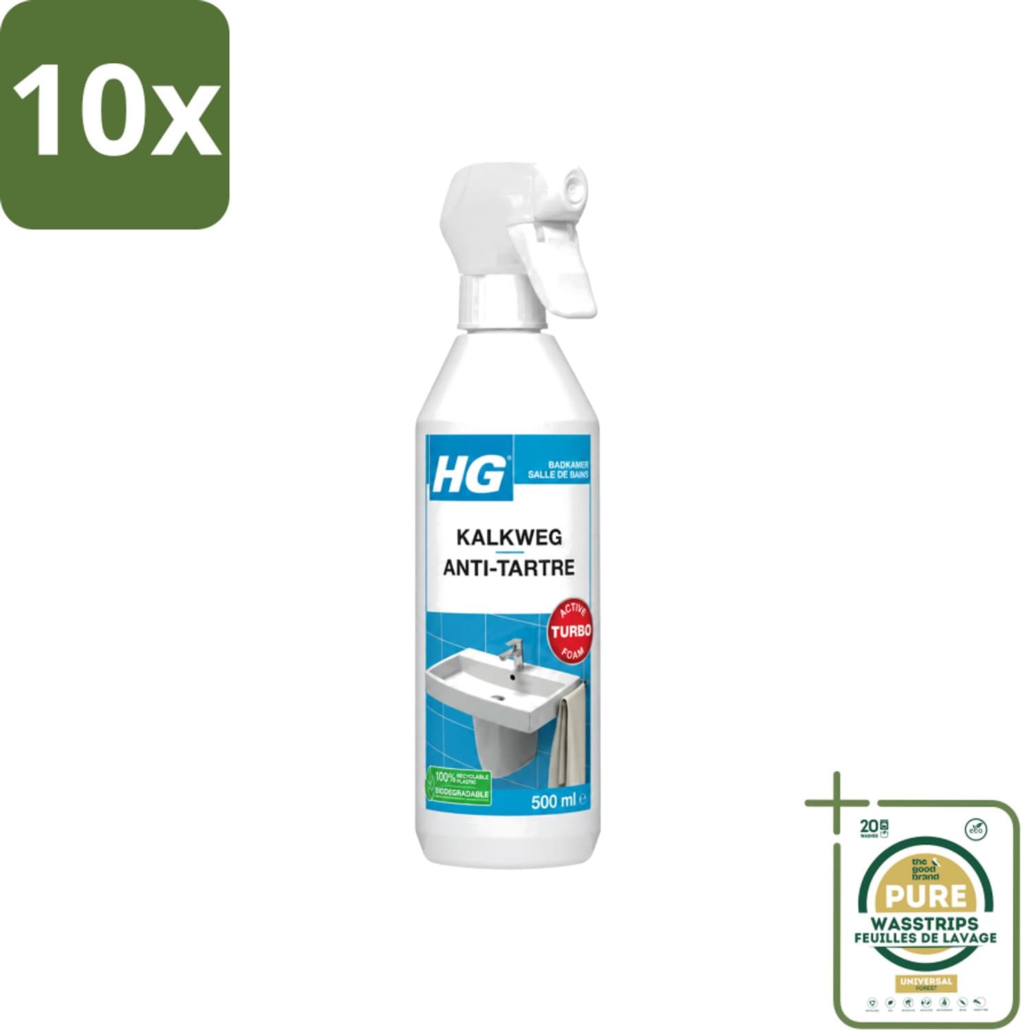 10 x HG - Badkamer - Kalkweg Schuimspray - Verwijdert Kalk Snel - 500 ml - Wasstrips - Kalk Verwijderen - Kalkaanslag Verwijderen - Schuimspray Badkamer - Kalk Weg - Badkamer Reinigen