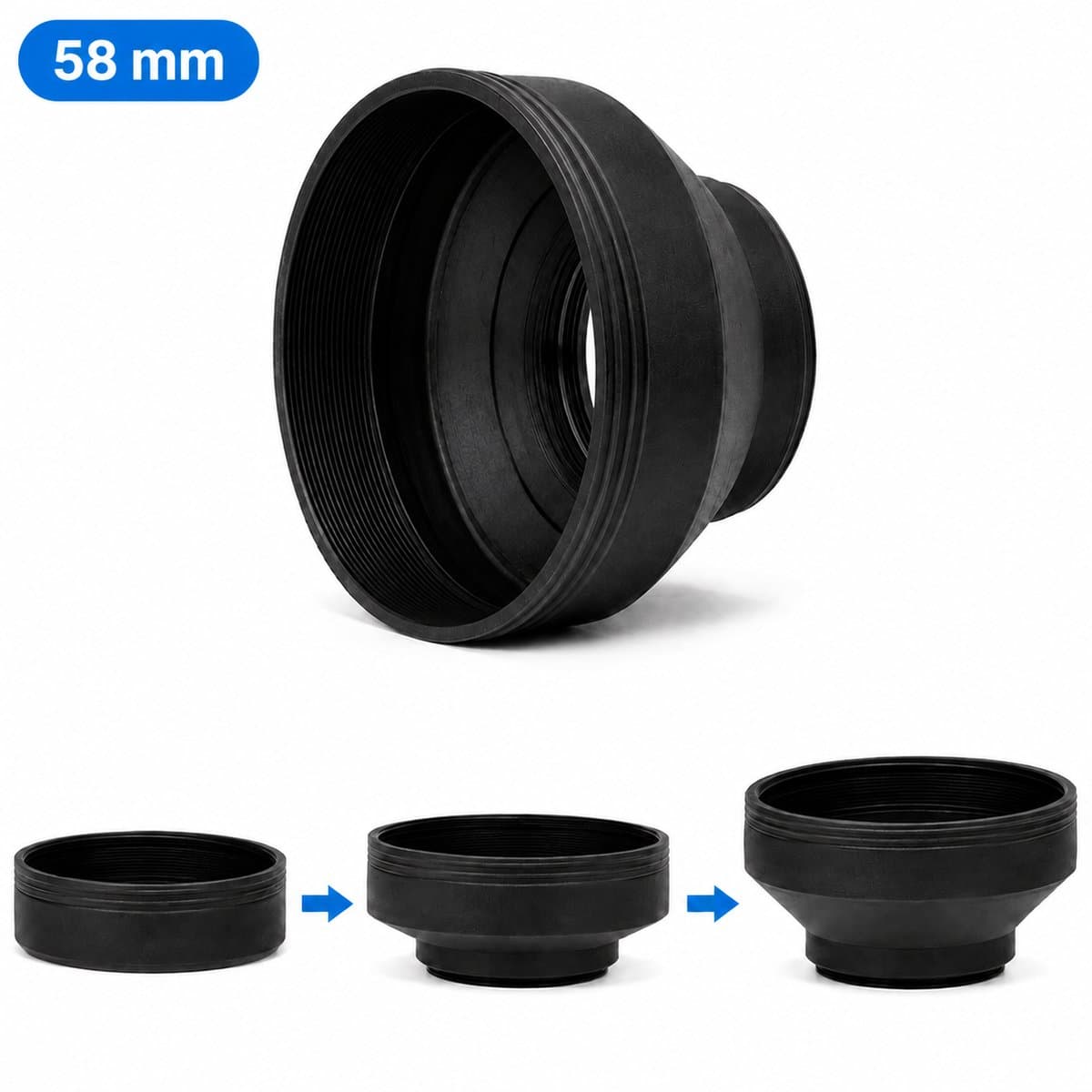 Rubberen Zonnekap 58mm - Opvouwbare Lens Hood in 3 Standen - Anti Flare & Lensbescherming - Voor DSLR en Mirrorless Camera