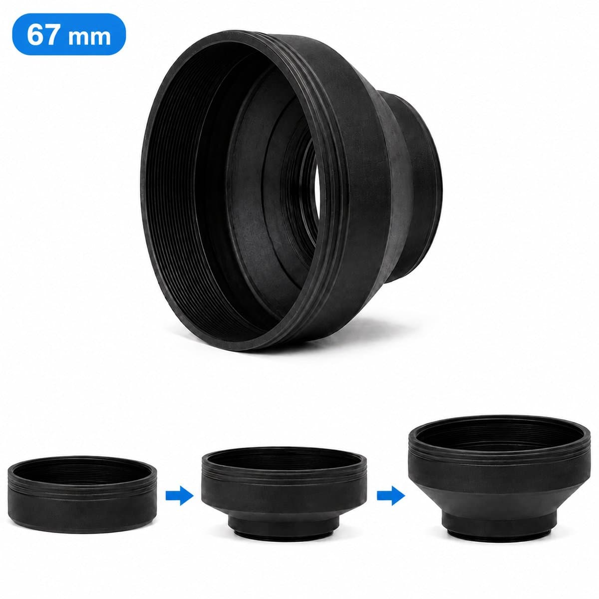 Rubberen Zonnekap 67mm - Opvouwbare Lens Hood in 3 Standen - Anti Flare & Lensbescherming - Voor DSLR en Mirrorless Camera