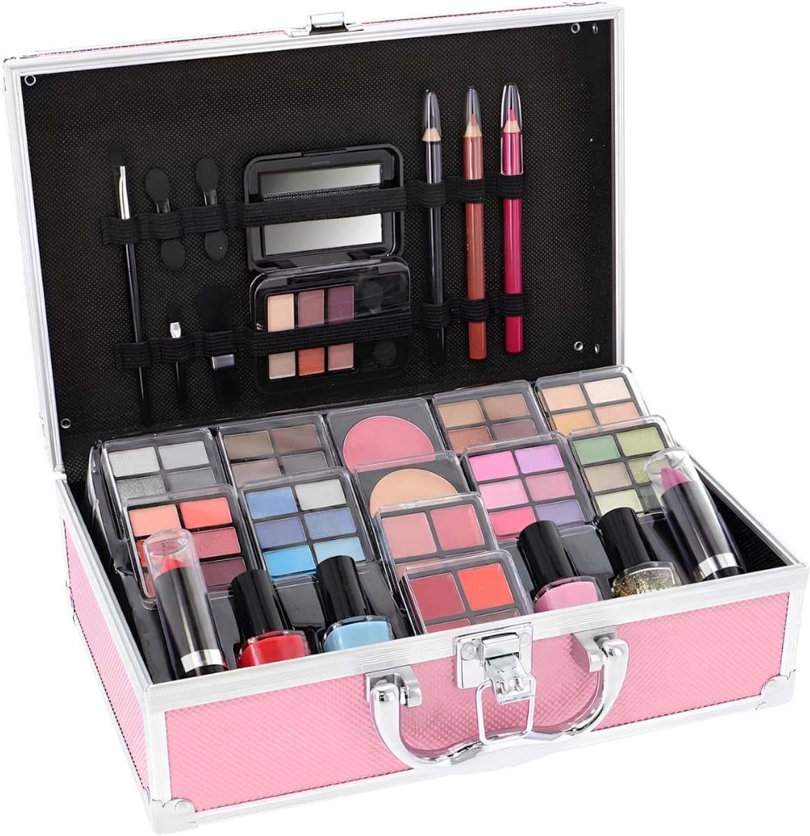 QIN® Make Up Koffer - Make Up Set - Make Up Koffer Meisjes - Make Up Koffer Met Inhoud - Roze/Zwart - 26cm x 20cm x 10cm