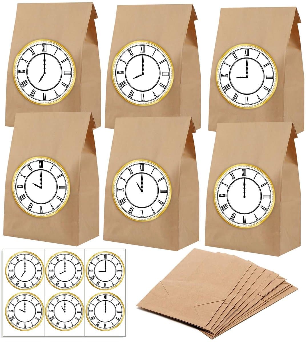 Dailygoods- Aftelzakken 6 stuks - Oudejaarsavond Countdown - Kraft-papieren zakken - Stickerspellen - Feestdecoraties - Activiteit voor kinderen - Feestzakjes