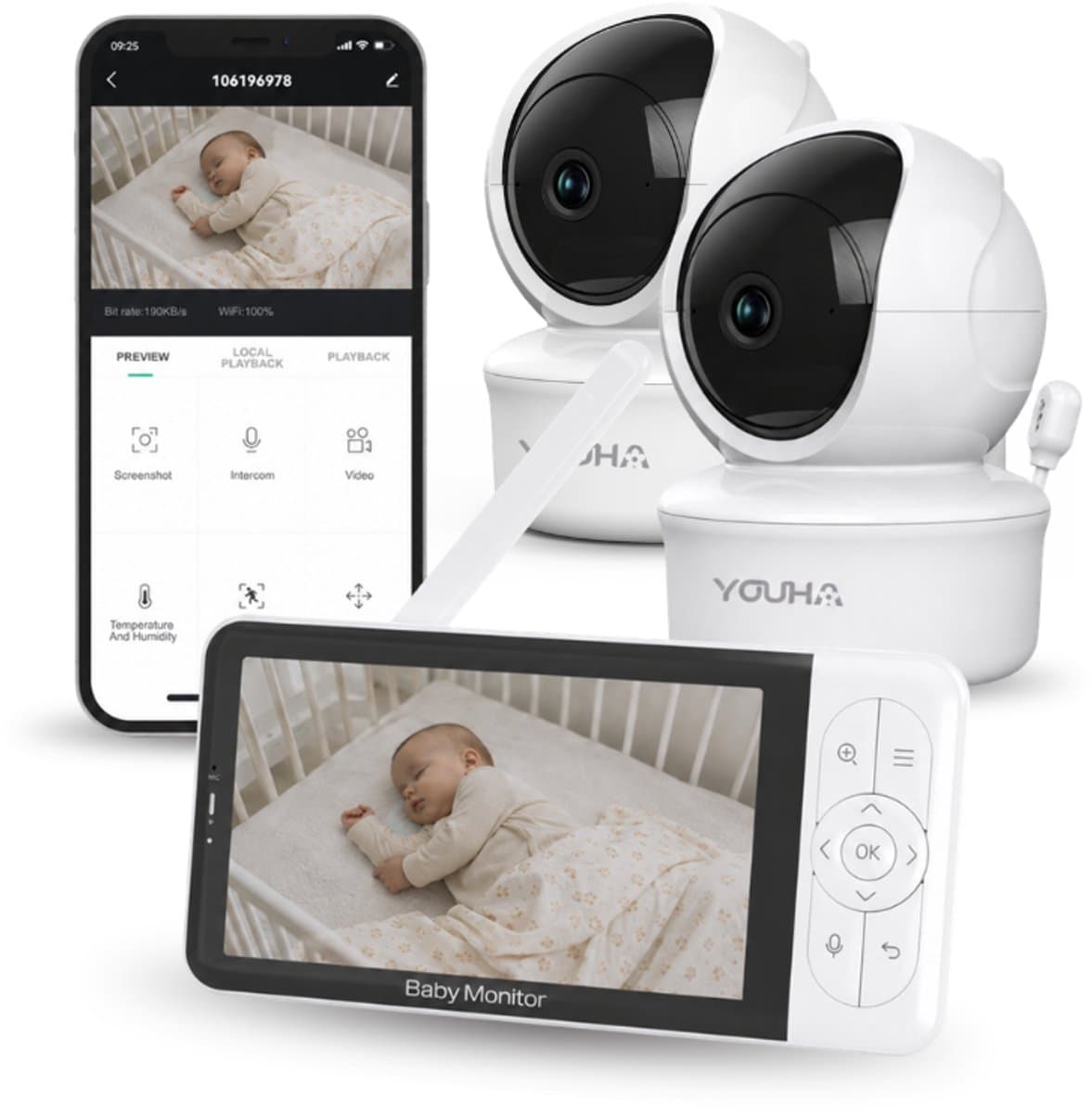 Youha Babyfoon - Babyfoon met Twee Camera's, Kleuren beeldscherm en App - Modern Design, Scherp Kleurenbeeld en Helder Geluid - Compatibel met Meerdere Camera's - Beeldbabyfoon Baby6T