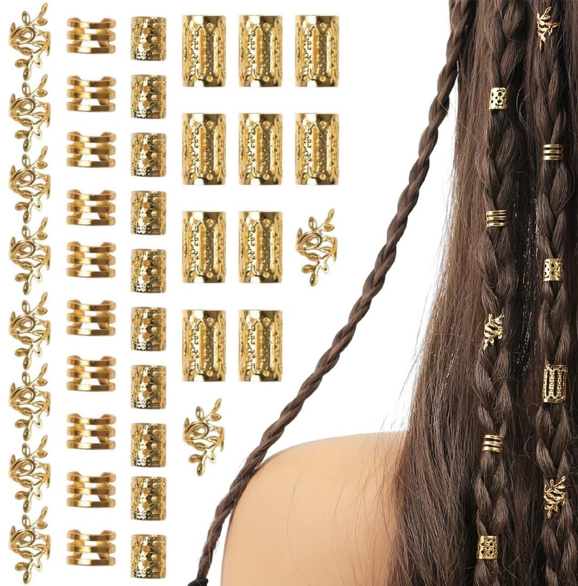 40 stuks dreadlocks sieraden, haaraccessoires, goud, metalen haarringen voor vlechten, verstelbare manchetten, haarspiralen voor vlechten, accessoires, decoratie