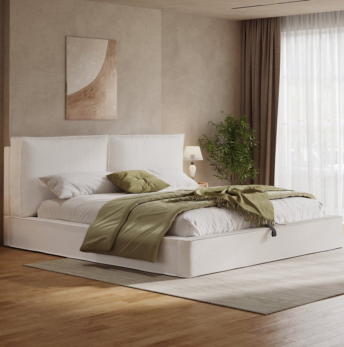 DESMIU Gestoffeerd Bed 180x200 cm – Hydraulisch Opbergbed Met Lattenbodem – Hoog Gevoerd Hoofdbord – Tweepersoons Bouclé – Beige – Zonder Matras