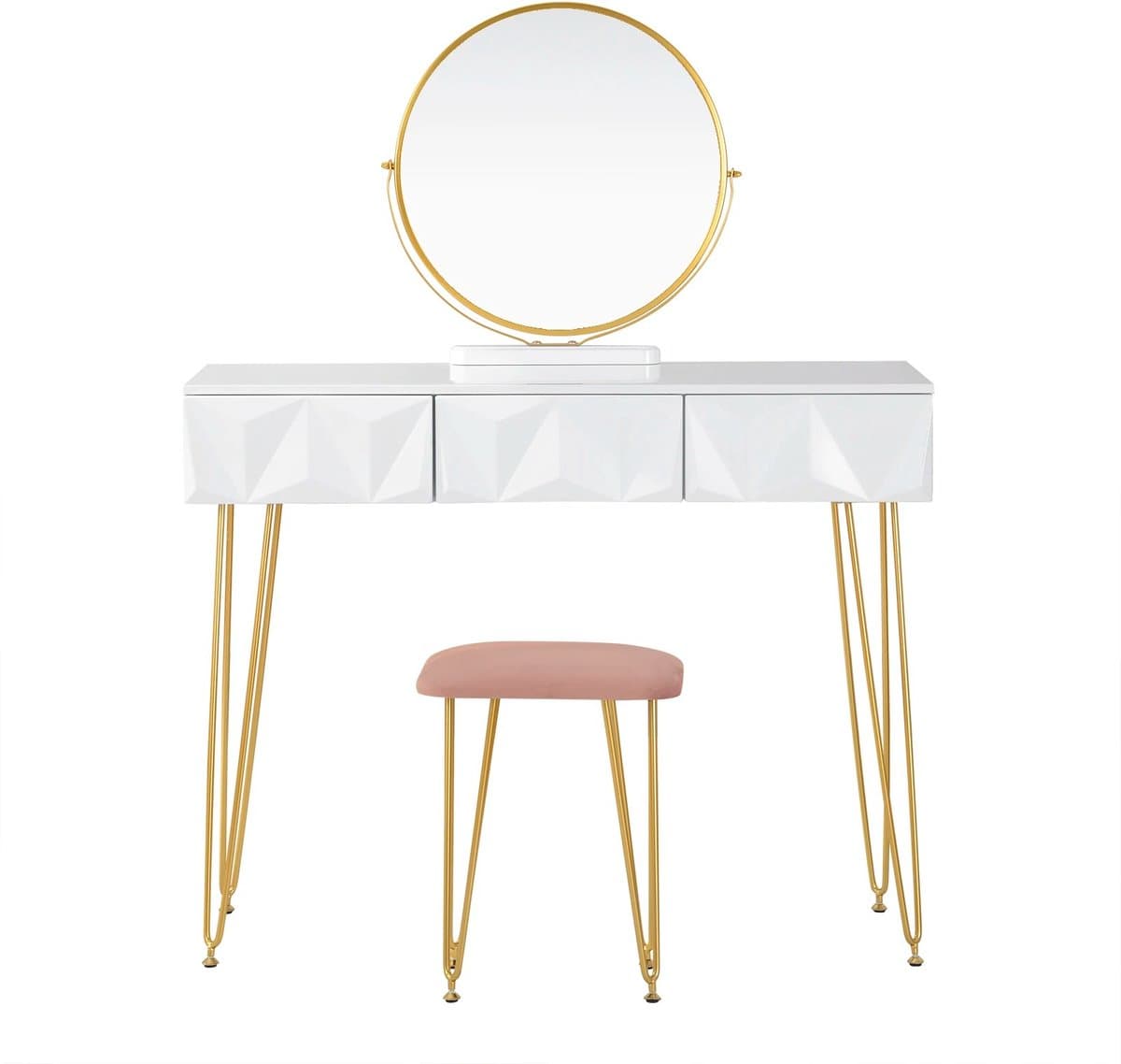 Huis-tuin online - Kaptafel - Wit/Goud - Met 3 Laden - Fluwelen Kruk - Make-up tafel - 360 ° Draaibare Spiegel - Slaapkamer - Tafelafmetingen: 100 x 40 x 79 cm - Spiegelafmetingen: 48,5 x 51,5 cm - Ladeafmetingen: 33 x 40 x 14,5 cm