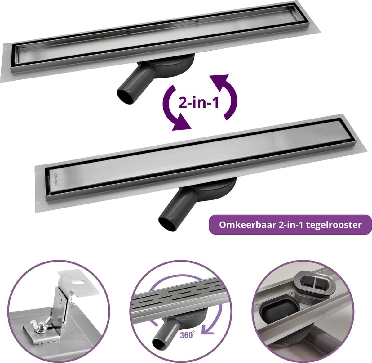 CityLine douchegoot - RVS - 40cm - Flex uitloop - Omkeerbaar Tegelrooster